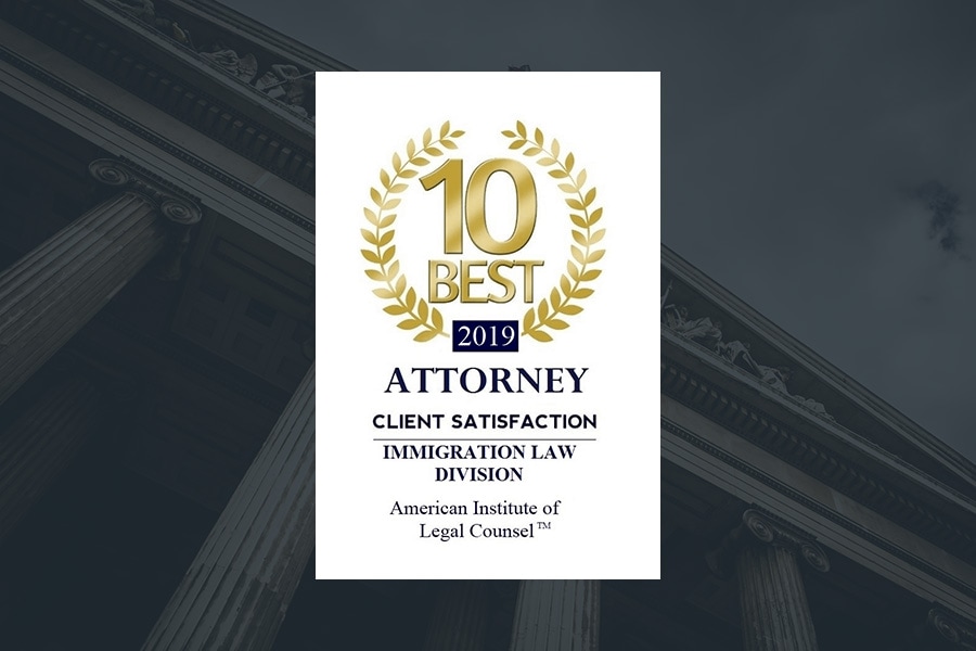 The American Institute of Legal Counsel: “Los 10 mejores abogados de inmigración en Illinois” por satisfacción del cliente (2016-2019)